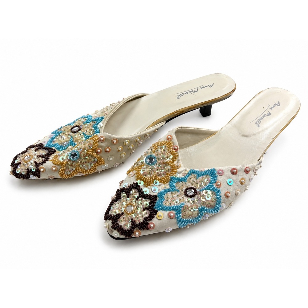 Anne Michelle Vintage Y2K White Beaded Sequin Floral Kitten Heels Women's Size 8